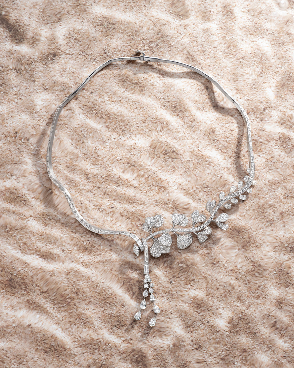 Diamond Necklace on sand Background