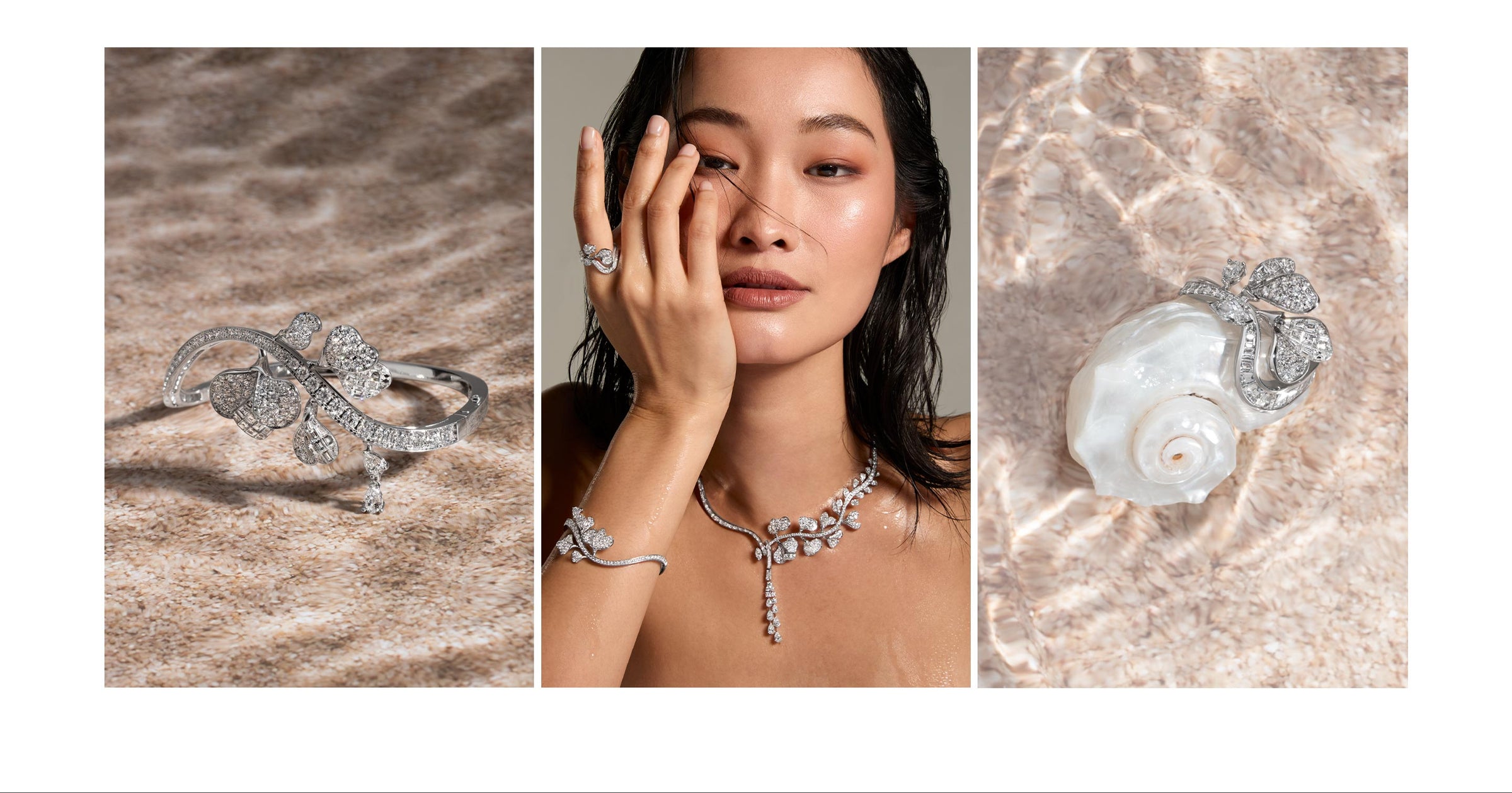 Diamond Jewllery on Model an on sand Background