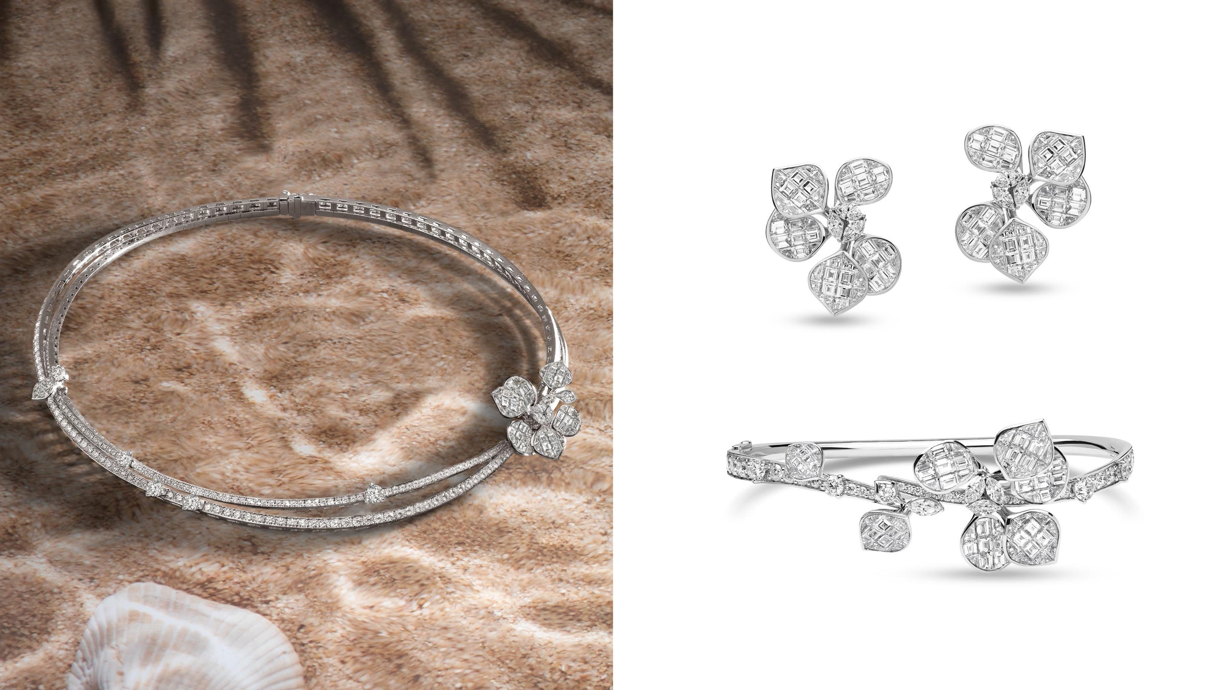 Diamond Chocker on sandy background and Diamond earrings and bangle on white background