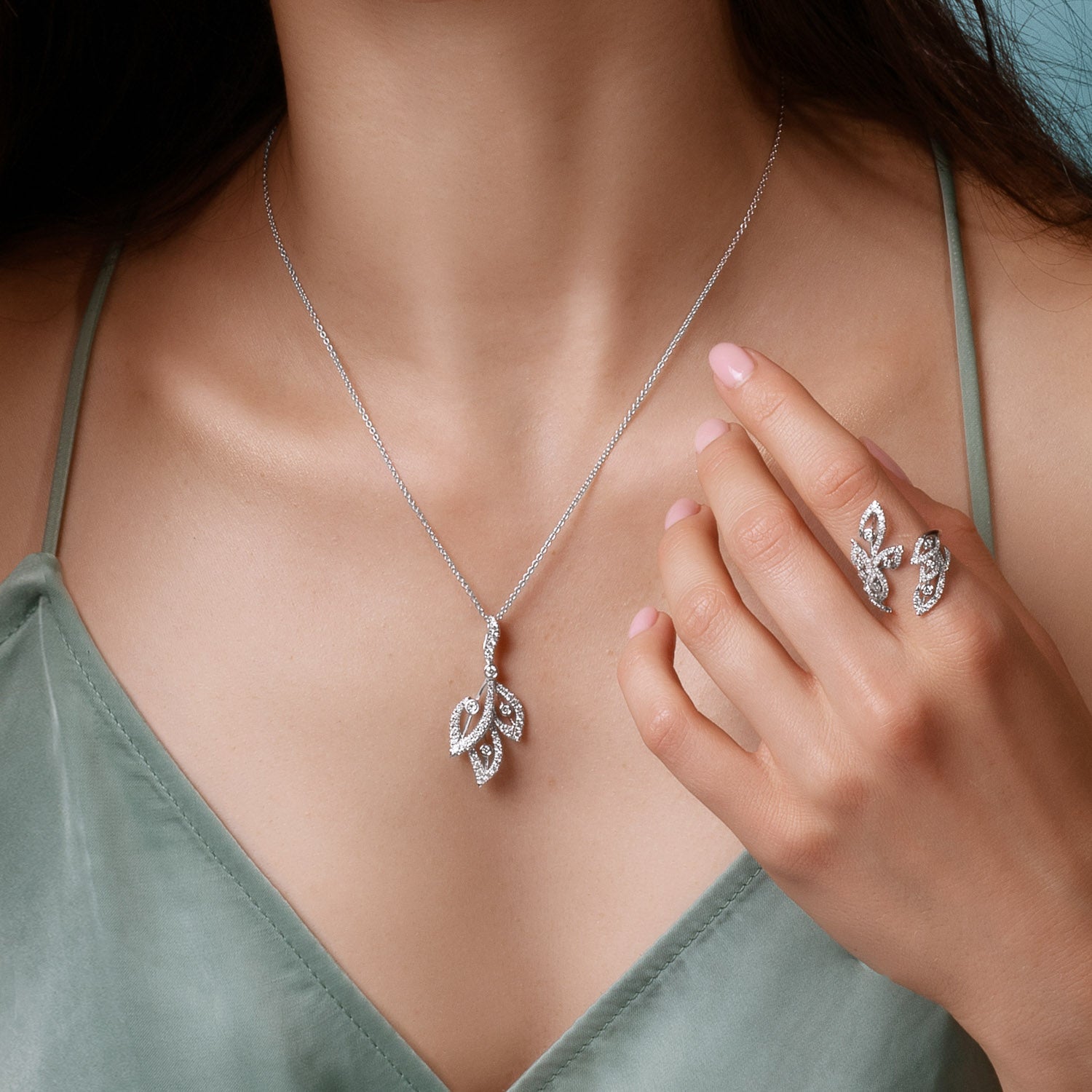 filigree diamond necklace and ring with leaf design, Stenzhorn Jewellery