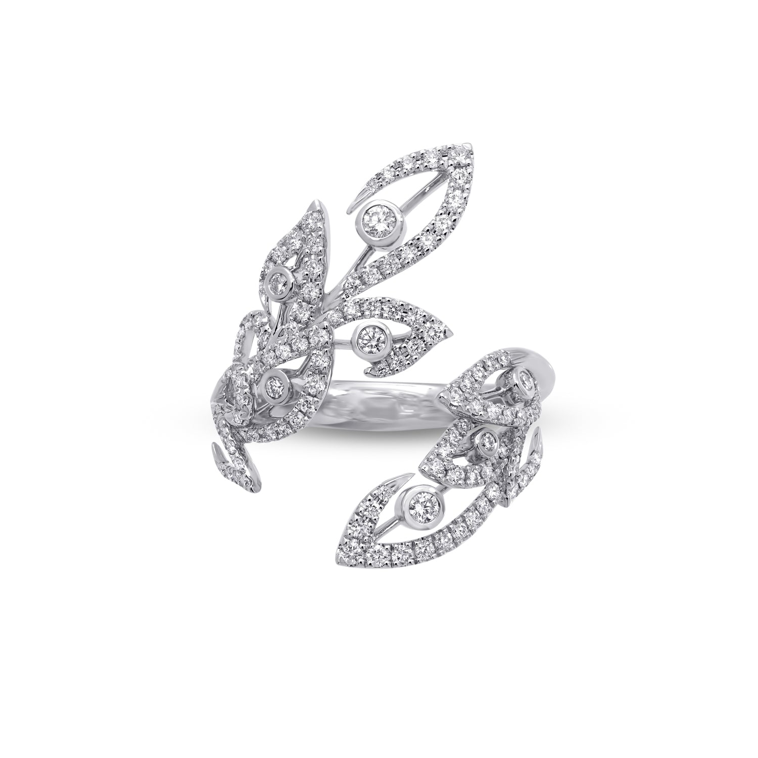 Diamond ring with open leaf design made of 18k white gold, Stenzhorn Jewellery
