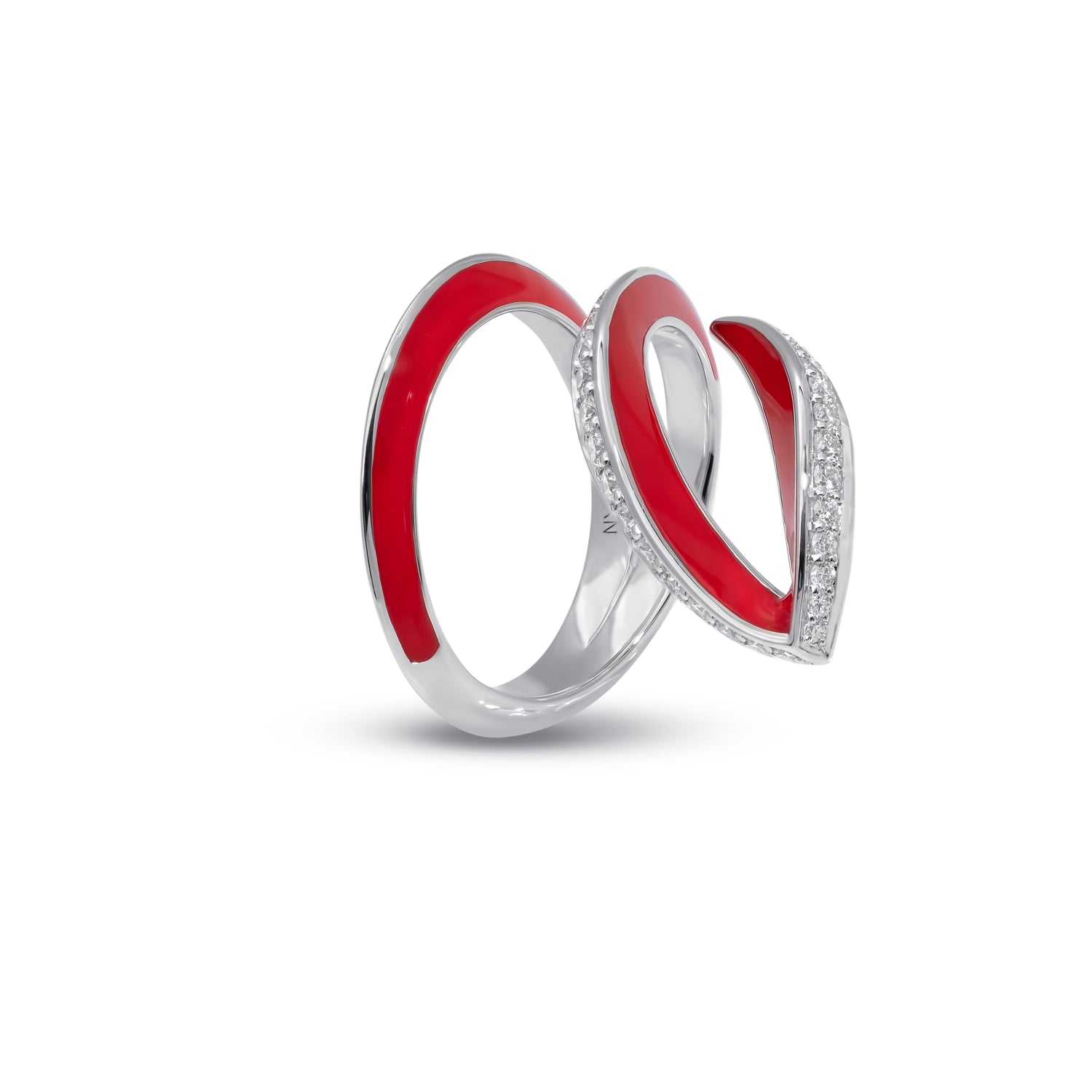 VIVA geschwungener Ring mit Diamant und roter Emaille