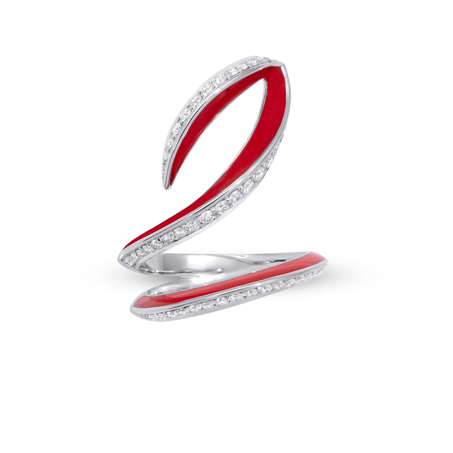 VIVA Curved Ring with Diamonds and Red Enamel