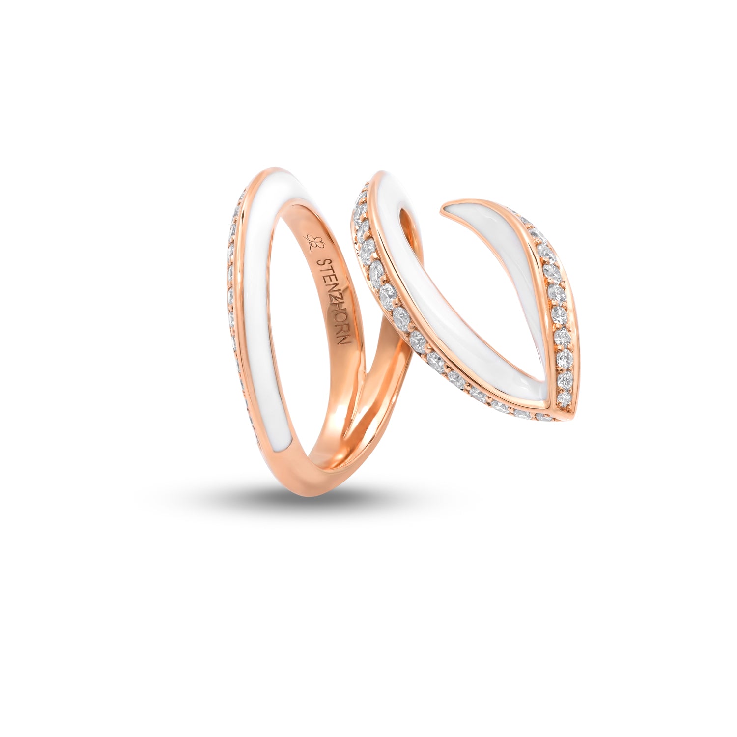 VIVA geschwungener Ring mit Diamanten und weißer Emaille