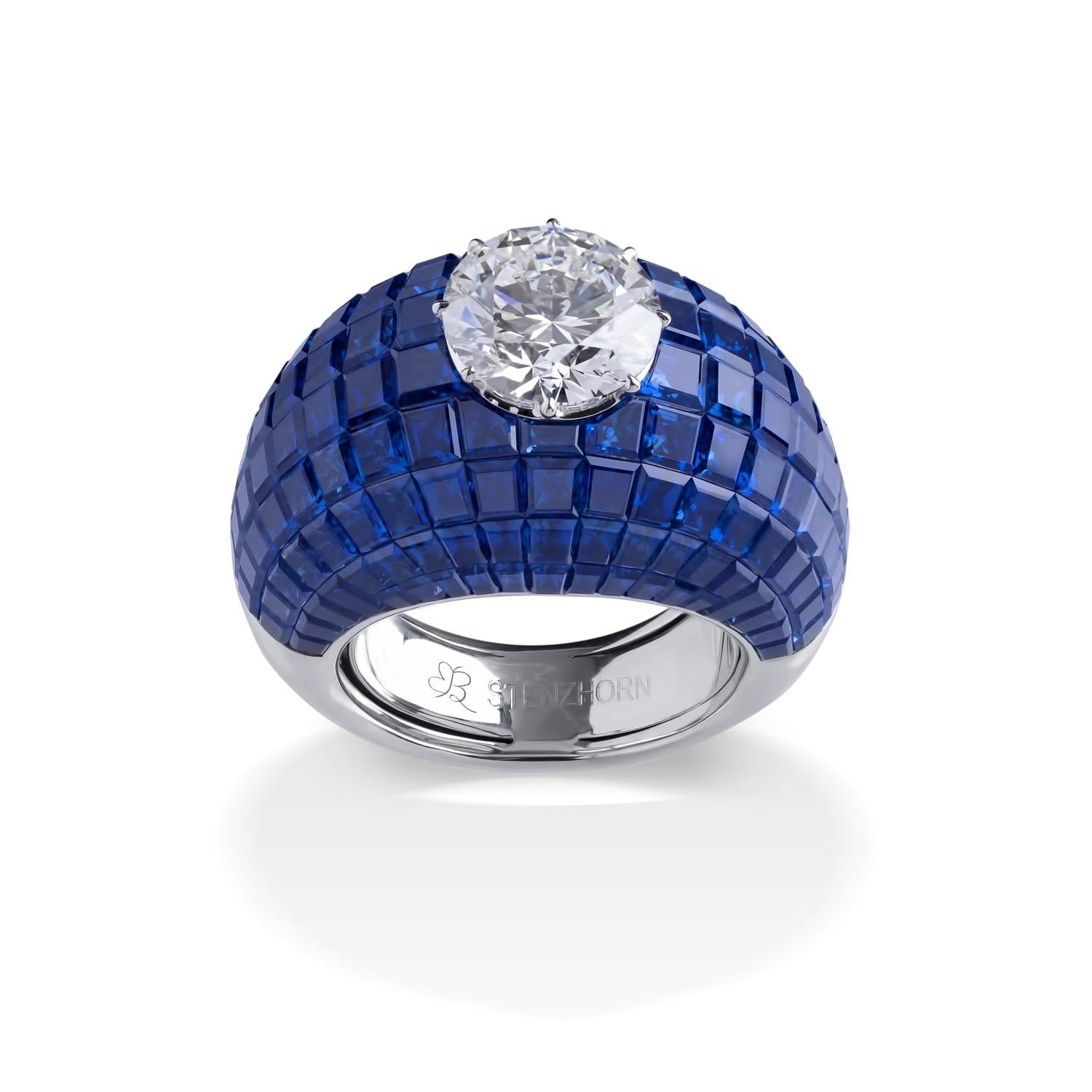 MOSAIC CLASSICAL "VELLUTO" Sapphire Dome Ring with Round Diamond Center